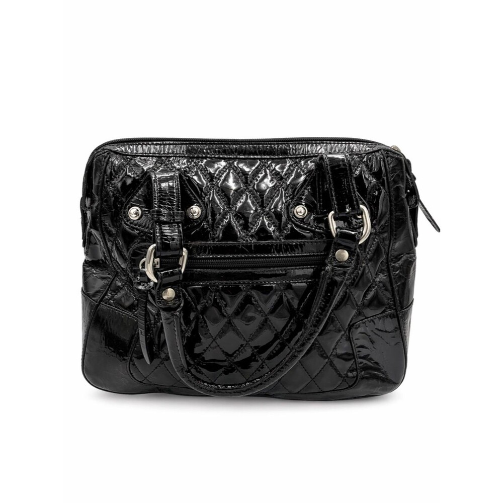 Stuart Weitzman Black Patent Leather Quilted Satchel Bowler Bag Vintage Y2K